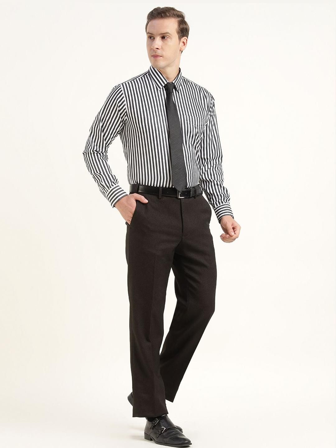 Men Black & White Striped Cotton Rich Slim Fit Formal Shirt