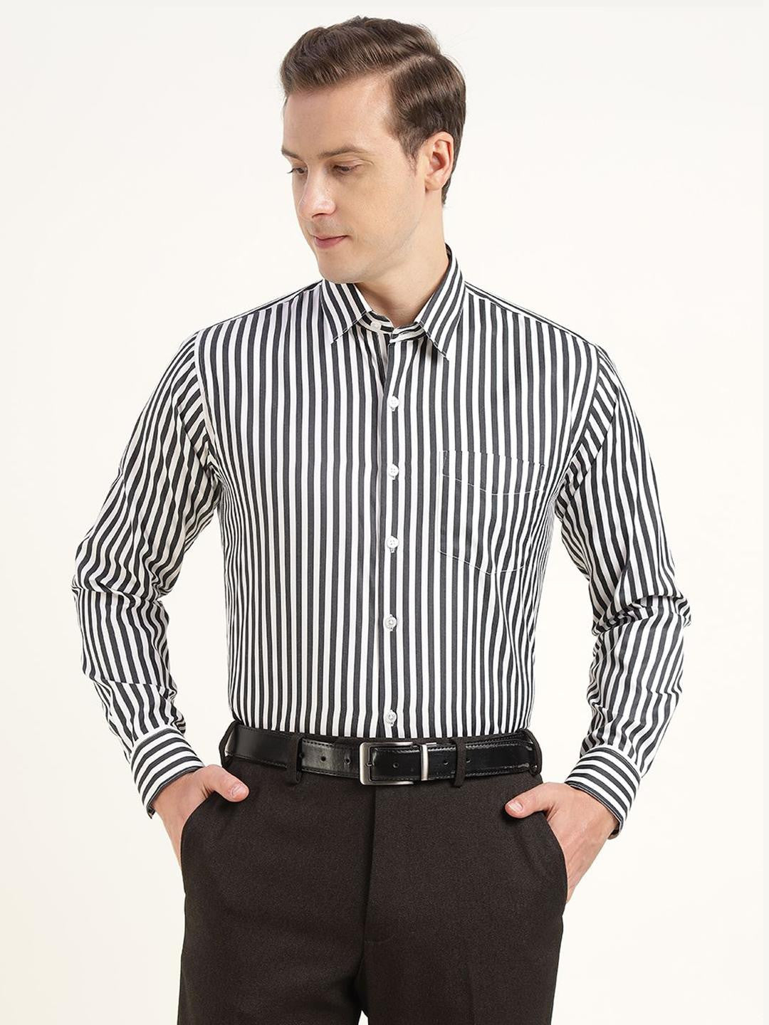 Men Black & White Striped Cotton Rich Slim Fit Formal Shirt
