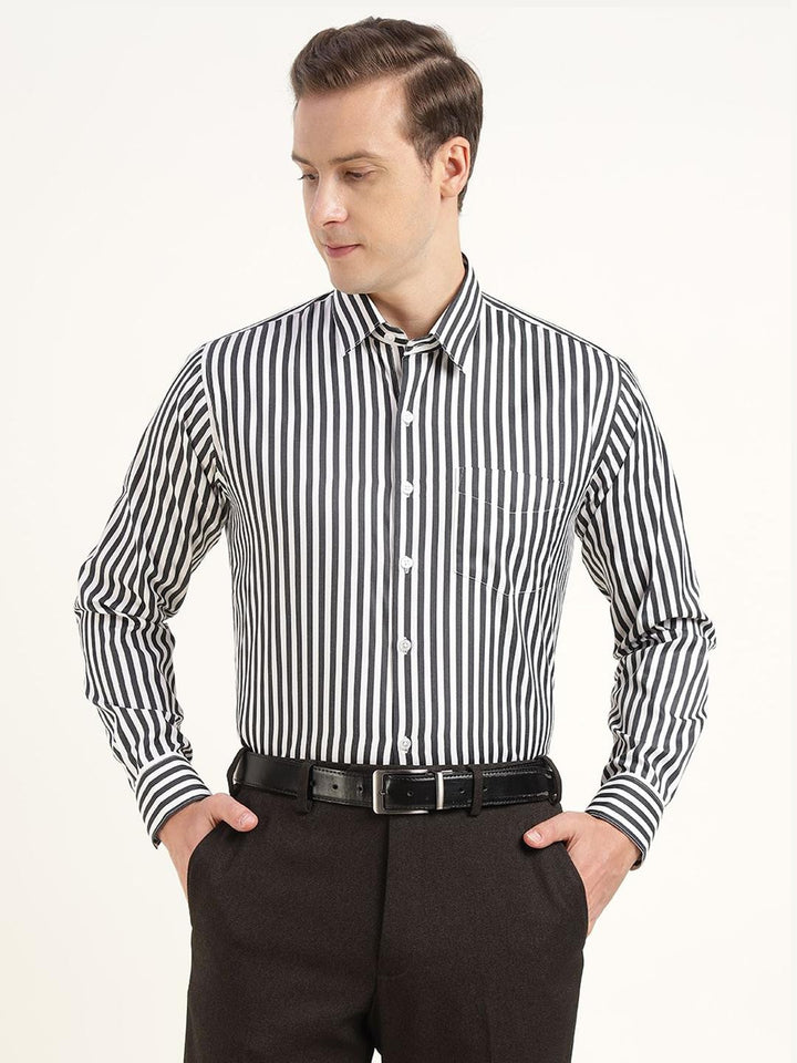 Men Black & White Striped Cotton Rich Slim Fit Formal Shirt