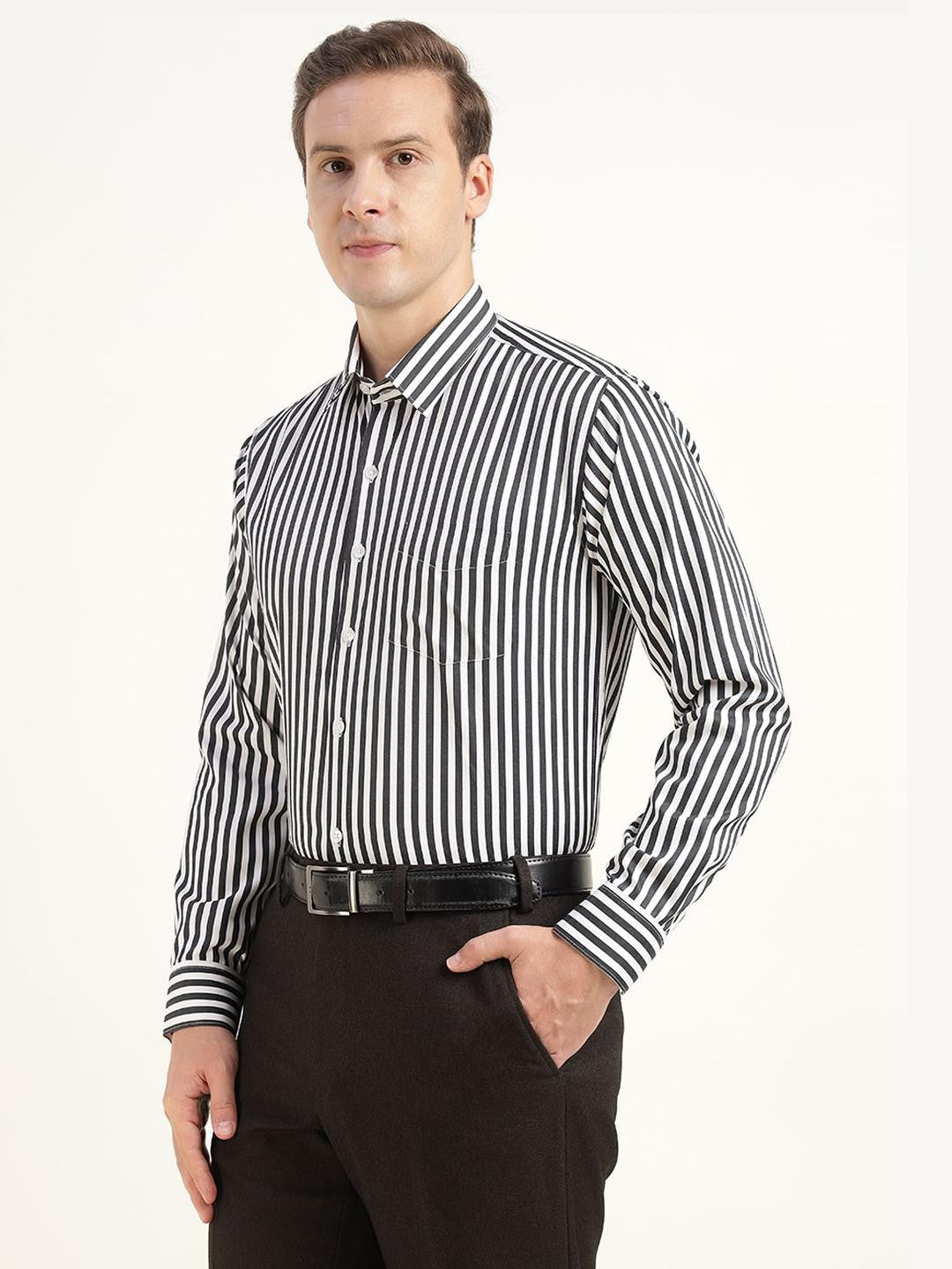 Men Black & White Striped Cotton Rich Slim Fit Formal Shirt
