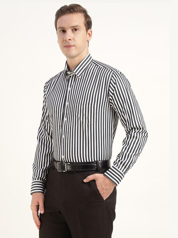 Men Black & White Striped Cotton Rich Slim Fit Formal Shirt