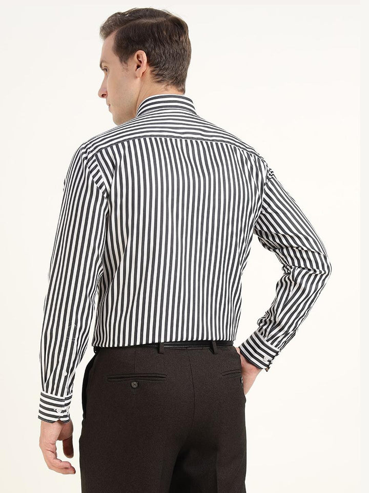 Men Black & White Striped Cotton Rich Slim Fit Formal Shirt