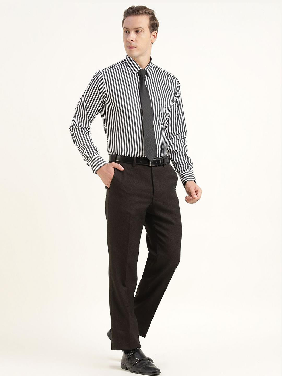 Men Black & White Striped Cotton Rich Slim Fit Formal Shirt