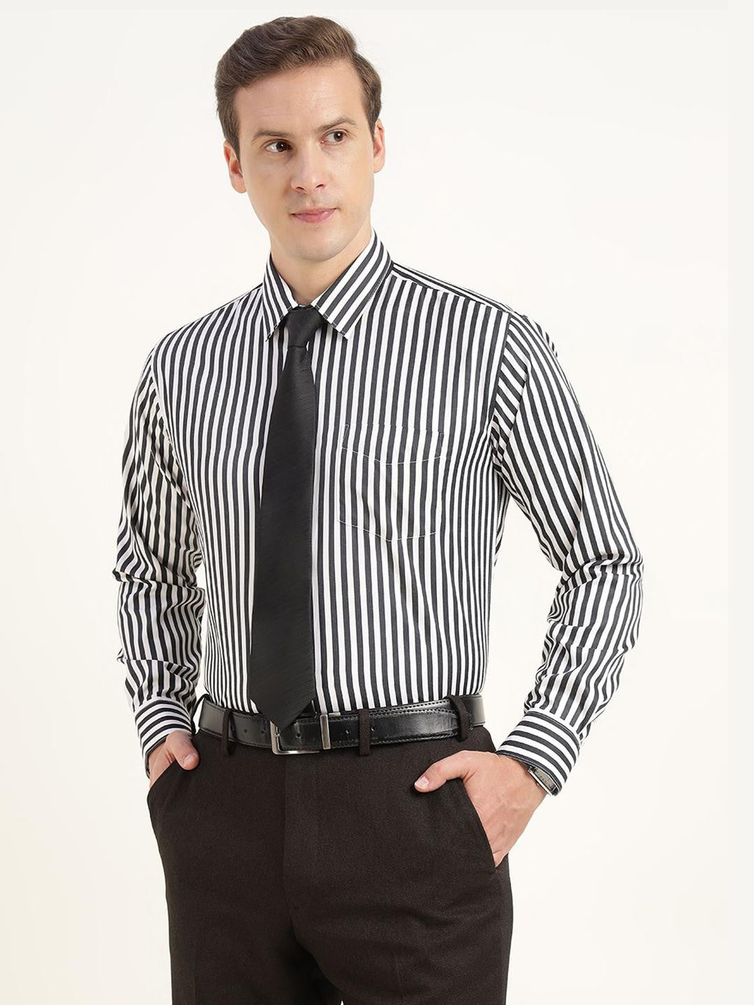 Men Black & White Striped Cotton Rich Slim Fit Formal Shirt