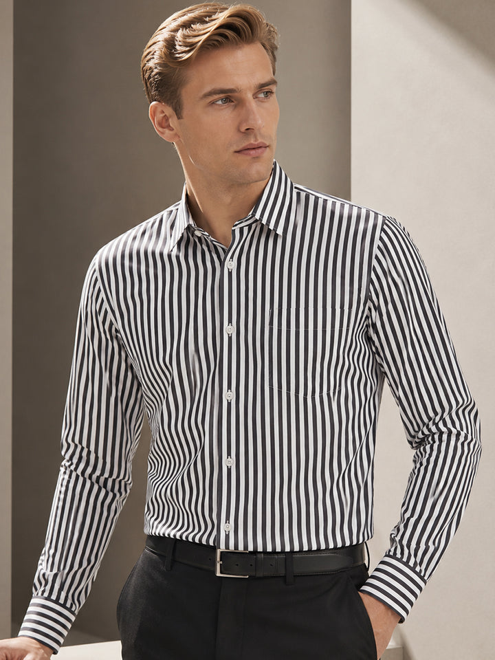 Men Black & White Striped Cotton Rich Slim Fit Formal Shirt