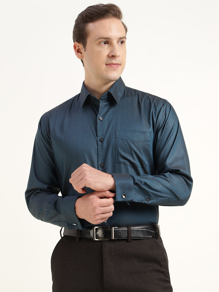 Men Turquoise Blue Solid Cotton Elastene Slim Fit Formal Shirt