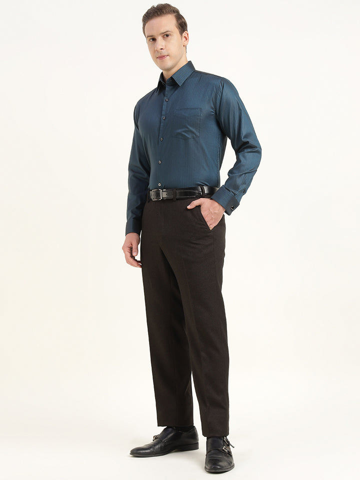 Men Turquoise Blue Solid Cotton Elastene Slim Fit Formal Shirt