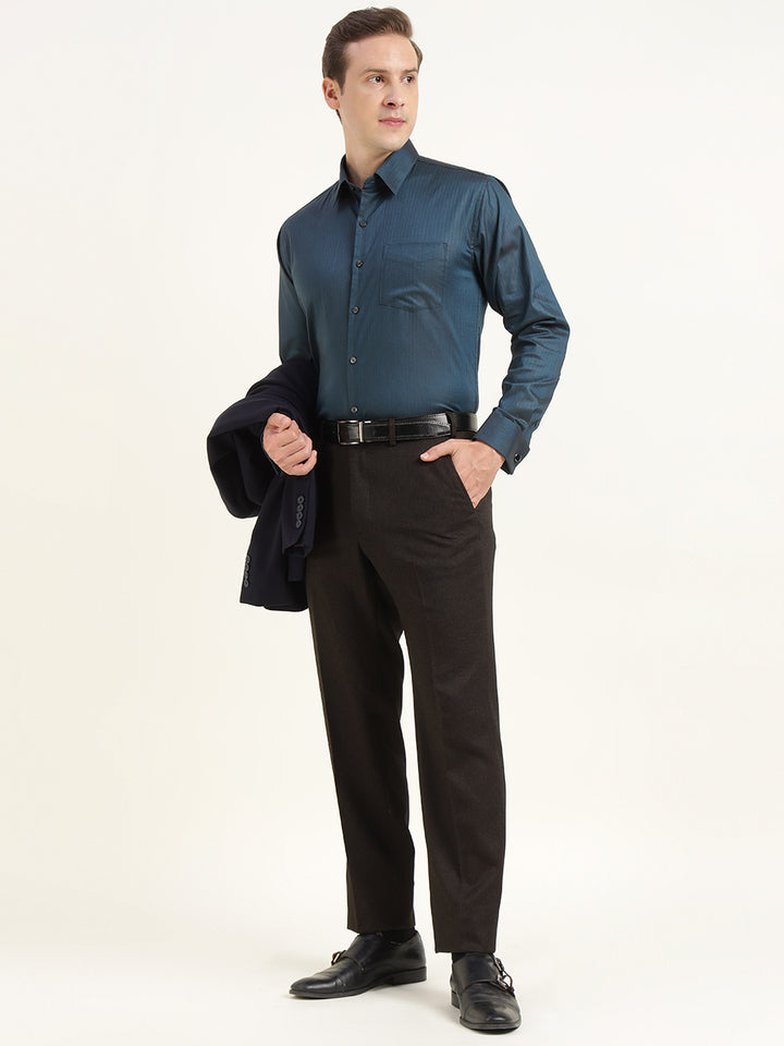 Men Turquoise Blue Solid Cotton Elastene Slim Fit Formal Shirt