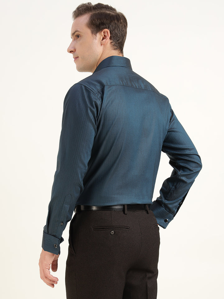 Men Turquoise Blue Solid Cotton Elastene Slim Fit Formal Shirt