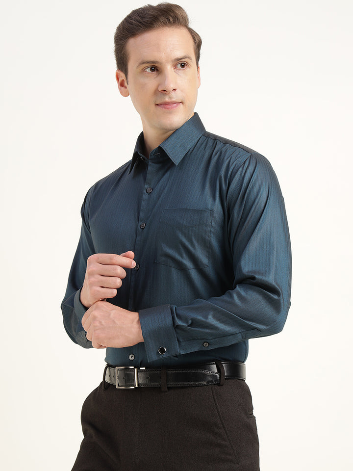 Men Turquoise Blue Solid Cotton Elastene Slim Fit Formal Shirt