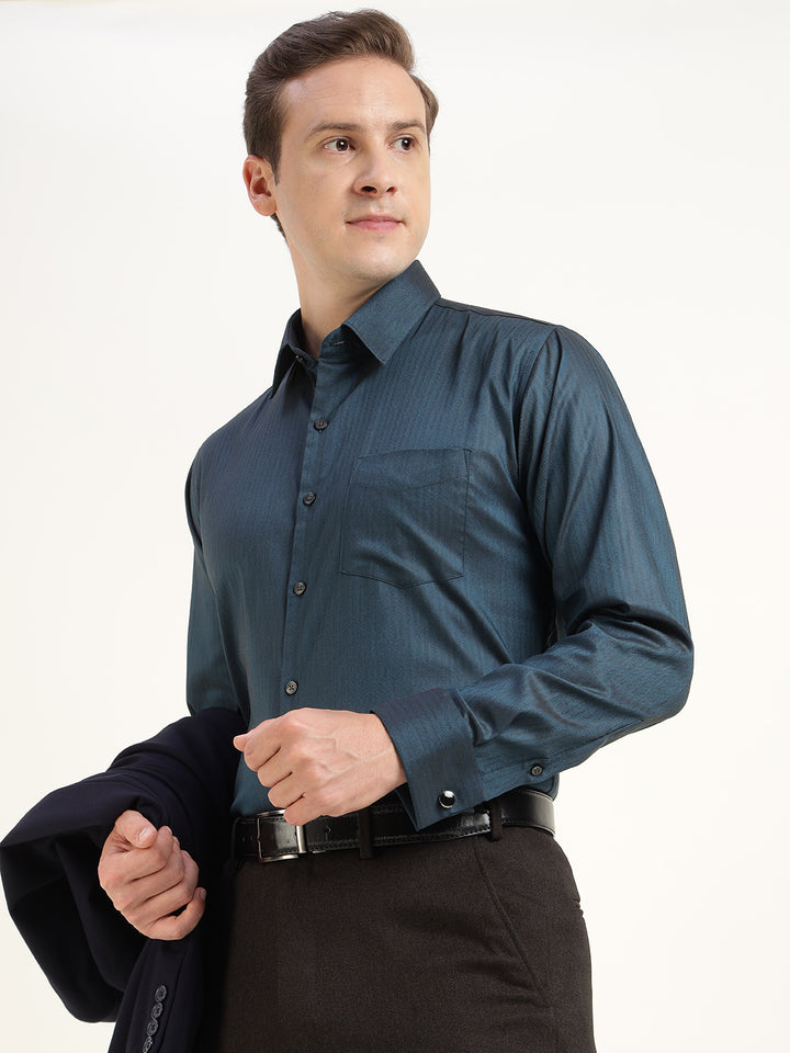 Men Turquoise Blue Solid Cotton Elastene Slim Fit Formal Shirt