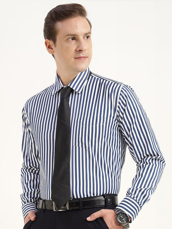 Men Blue & White Striped Cotton Rich Slim Fit Formal Shirt