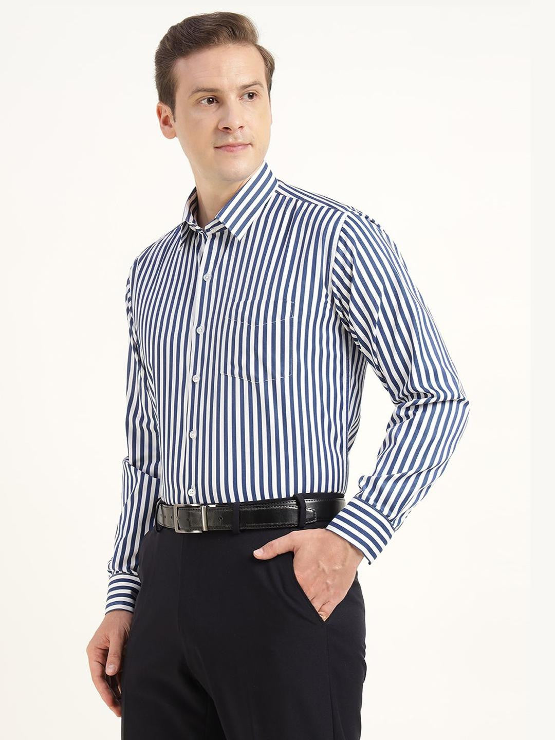 Men Blue & White Striped Cotton Rich Slim Fit Formal Shirt
