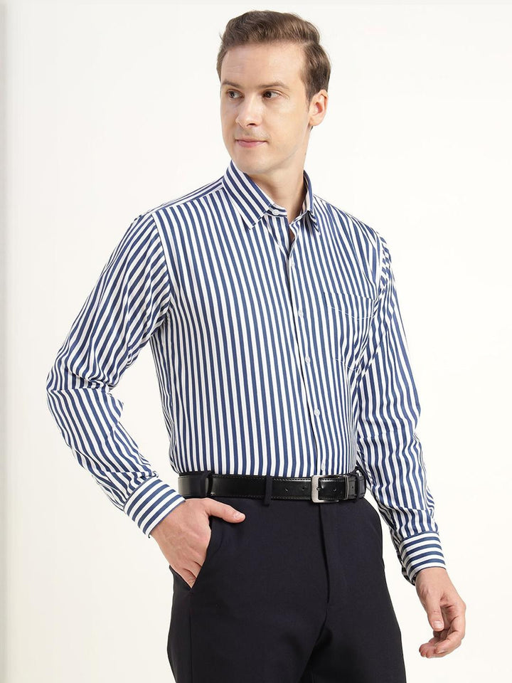Men Blue & White Striped Cotton Rich Slim Fit Formal Shirt