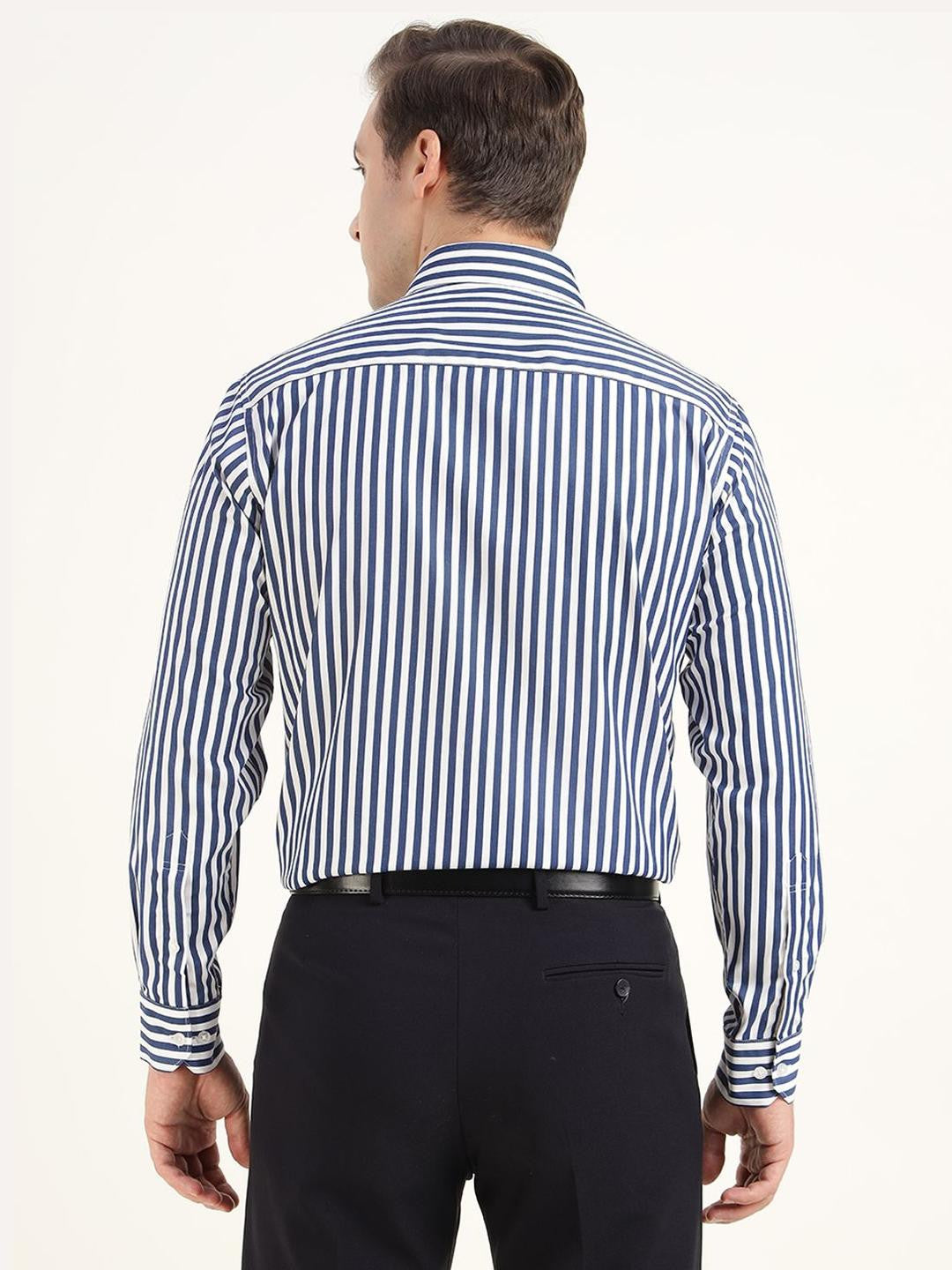 Men Blue & White Striped Cotton Rich Slim Fit Formal Shirt