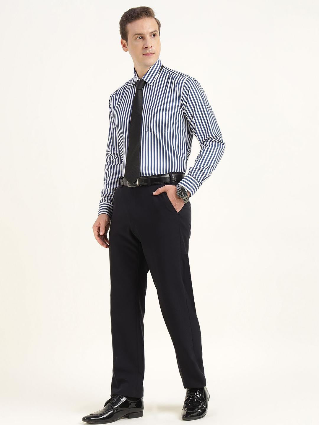 Men Blue & White Striped Cotton Rich Slim Fit Formal Shirt