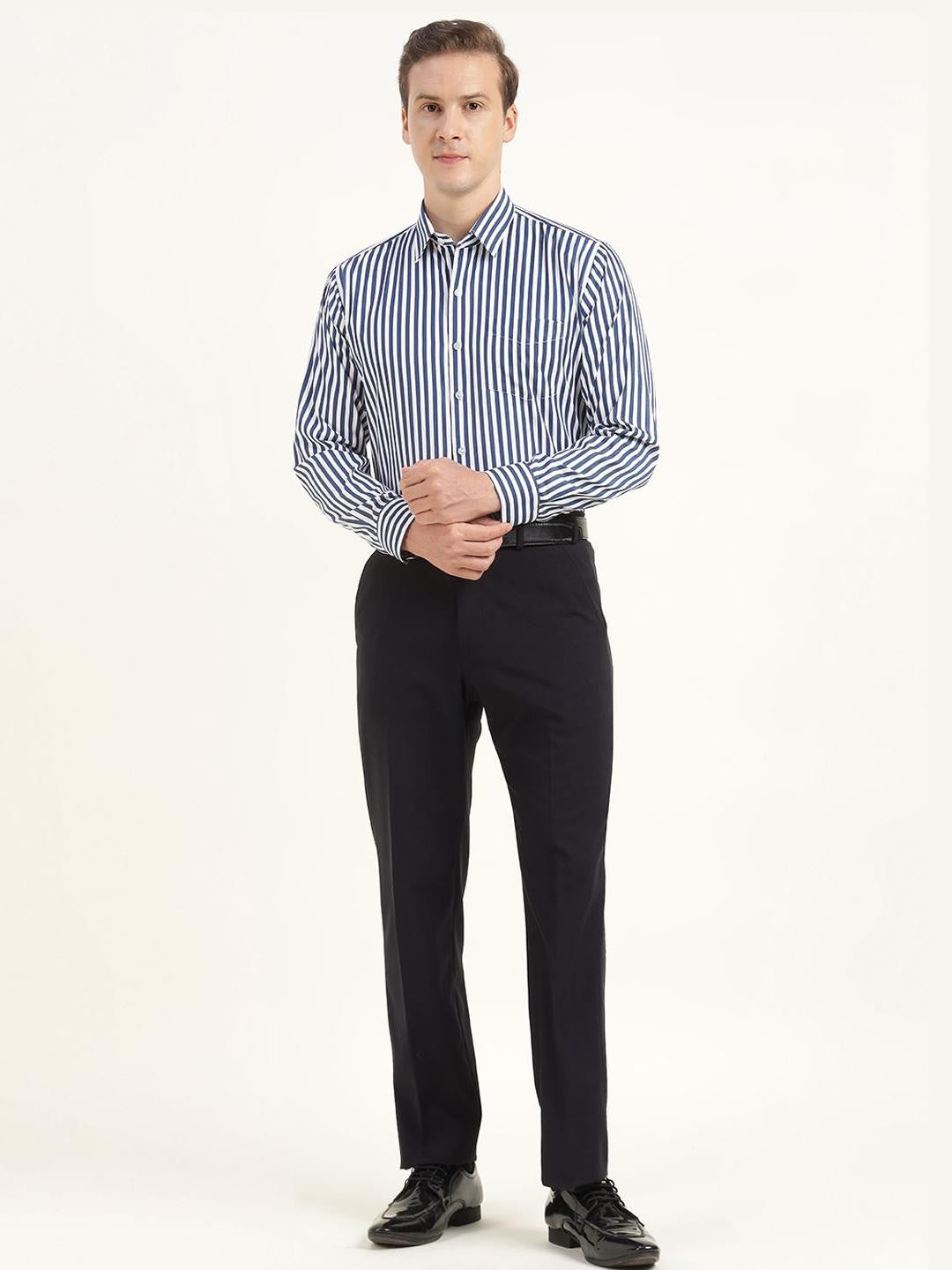 Men Blue & White Striped Cotton Rich Slim Fit Formal Shirt