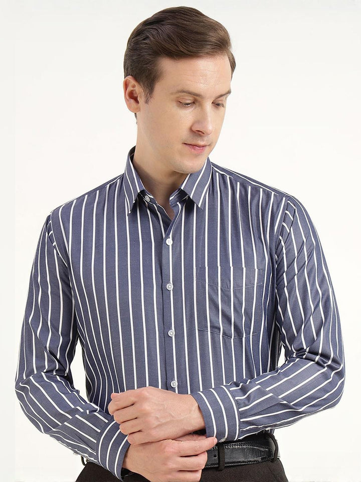 Hancock Men Blue & White Striped Cotton Rich Slim Fit Formal Shirt