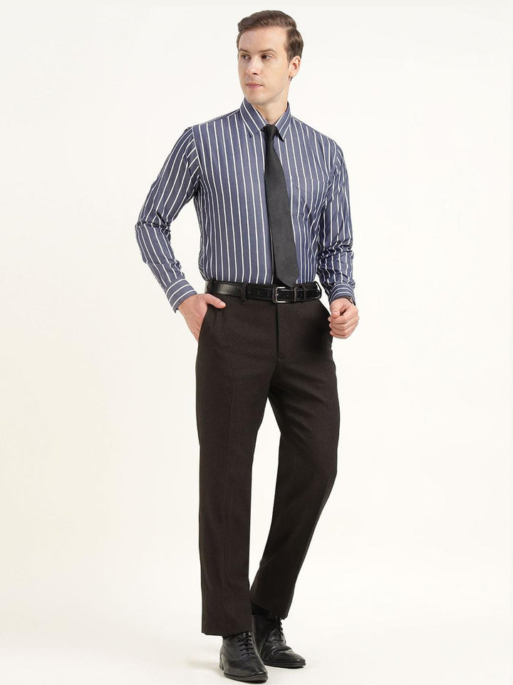 Hancock Men Blue & White Striped Cotton Rich Slim Fit Formal Shirt