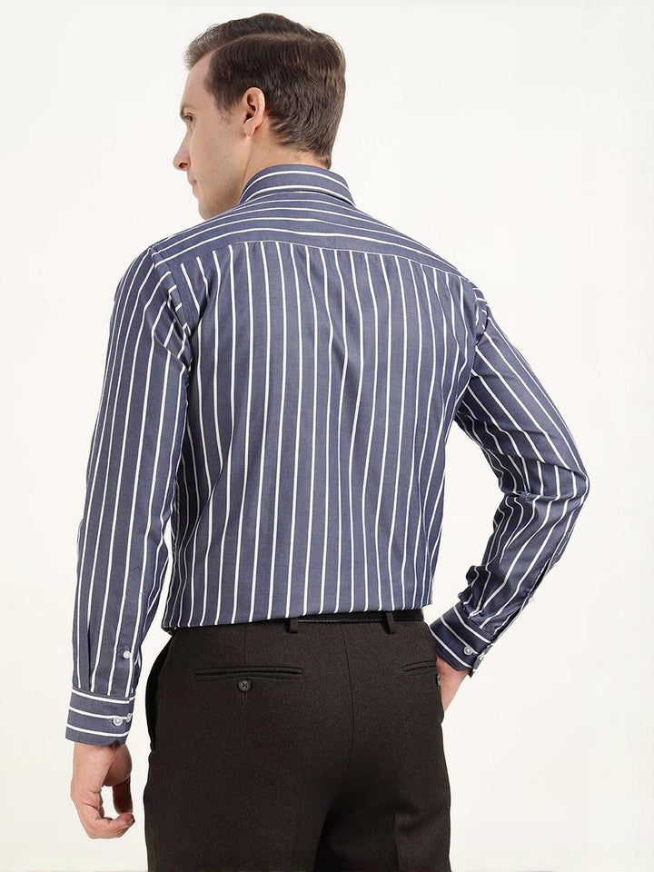 Hancock Men Blue & White Striped Cotton Rich Slim Fit Formal Shirt
