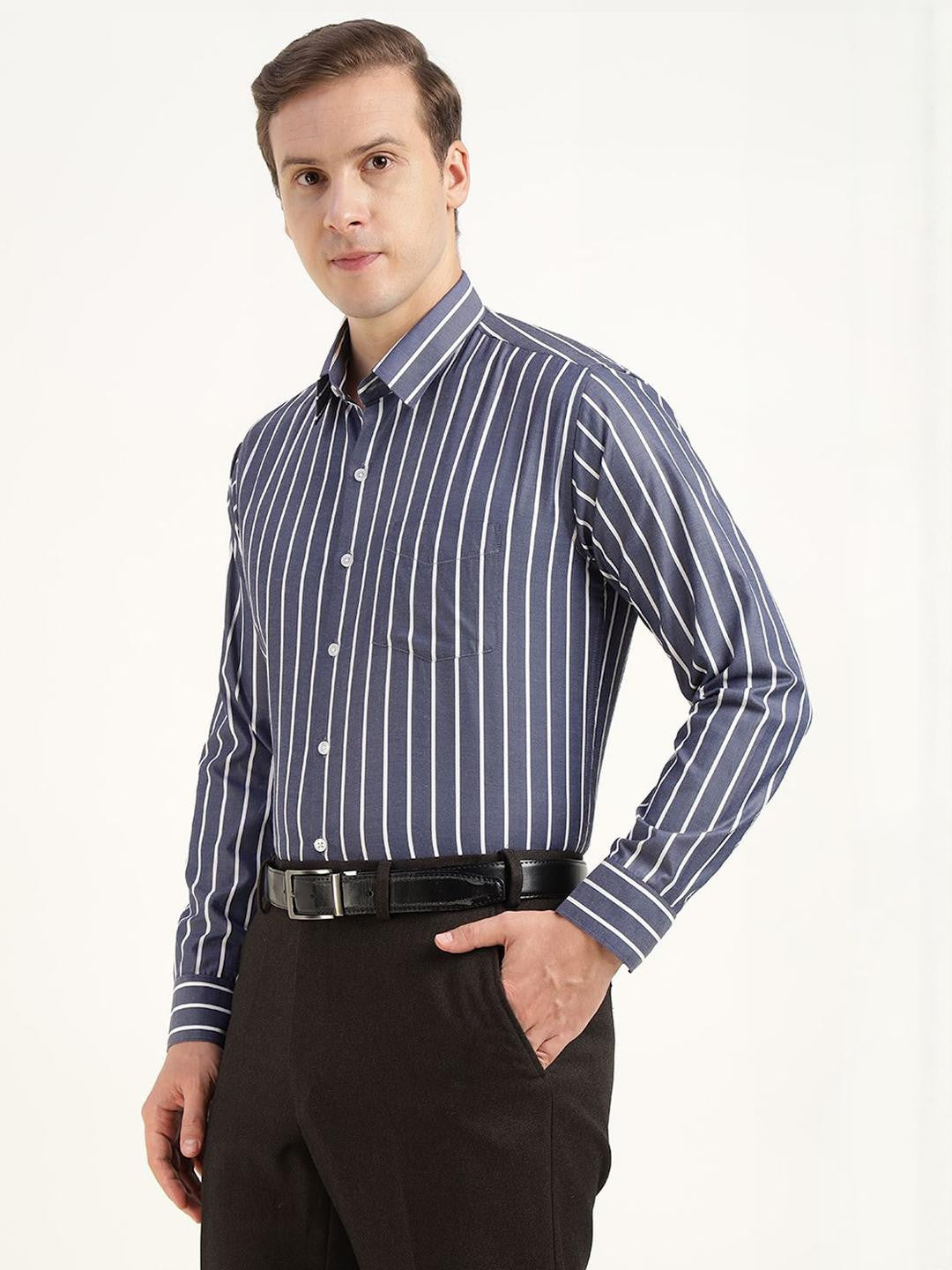 Hancock Men Blue & White Striped Cotton Rich Slim Fit Formal Shirt