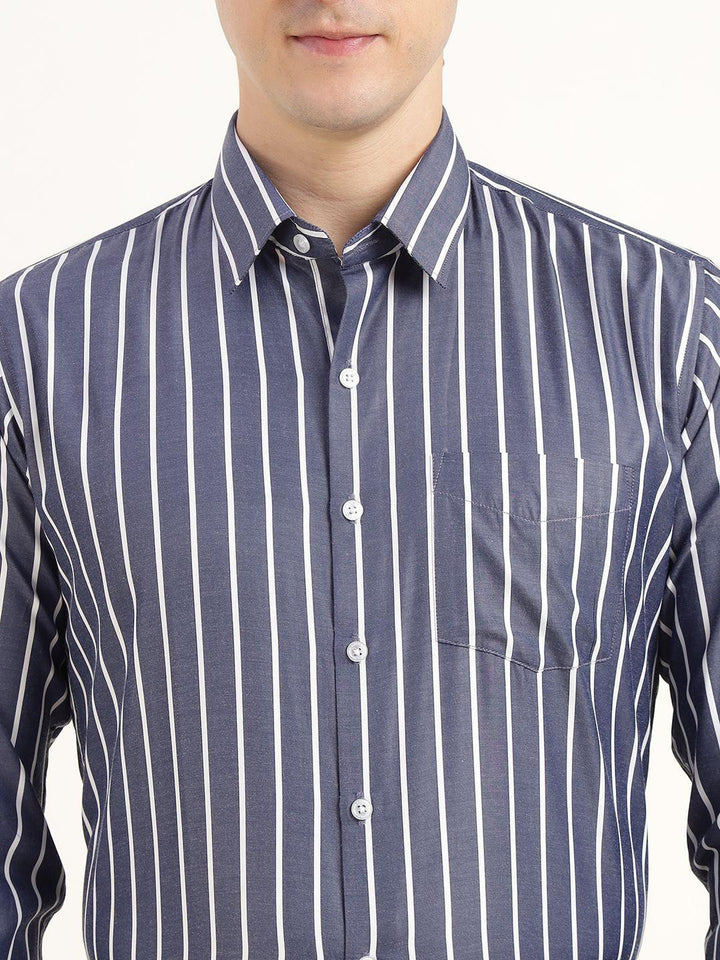 Hancock Men Blue & White Striped Cotton Rich Slim Fit Formal Shirt