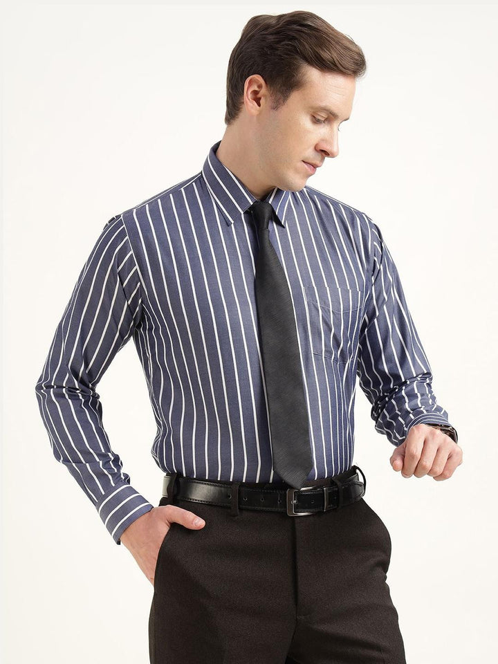 Hancock Men Blue & White Striped Cotton Rich Slim Fit Formal Shirt