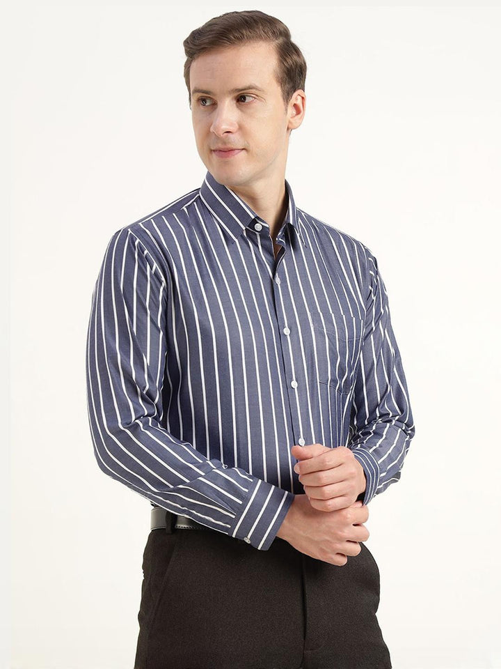 Hancock Men Blue & White Striped Cotton Rich Slim Fit Formal Shirt