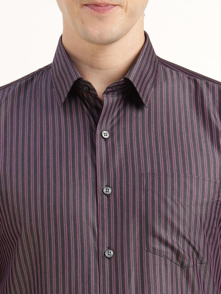 Men Grey & Purple Striped Pure Cotton Slim Fit Formal Shirt