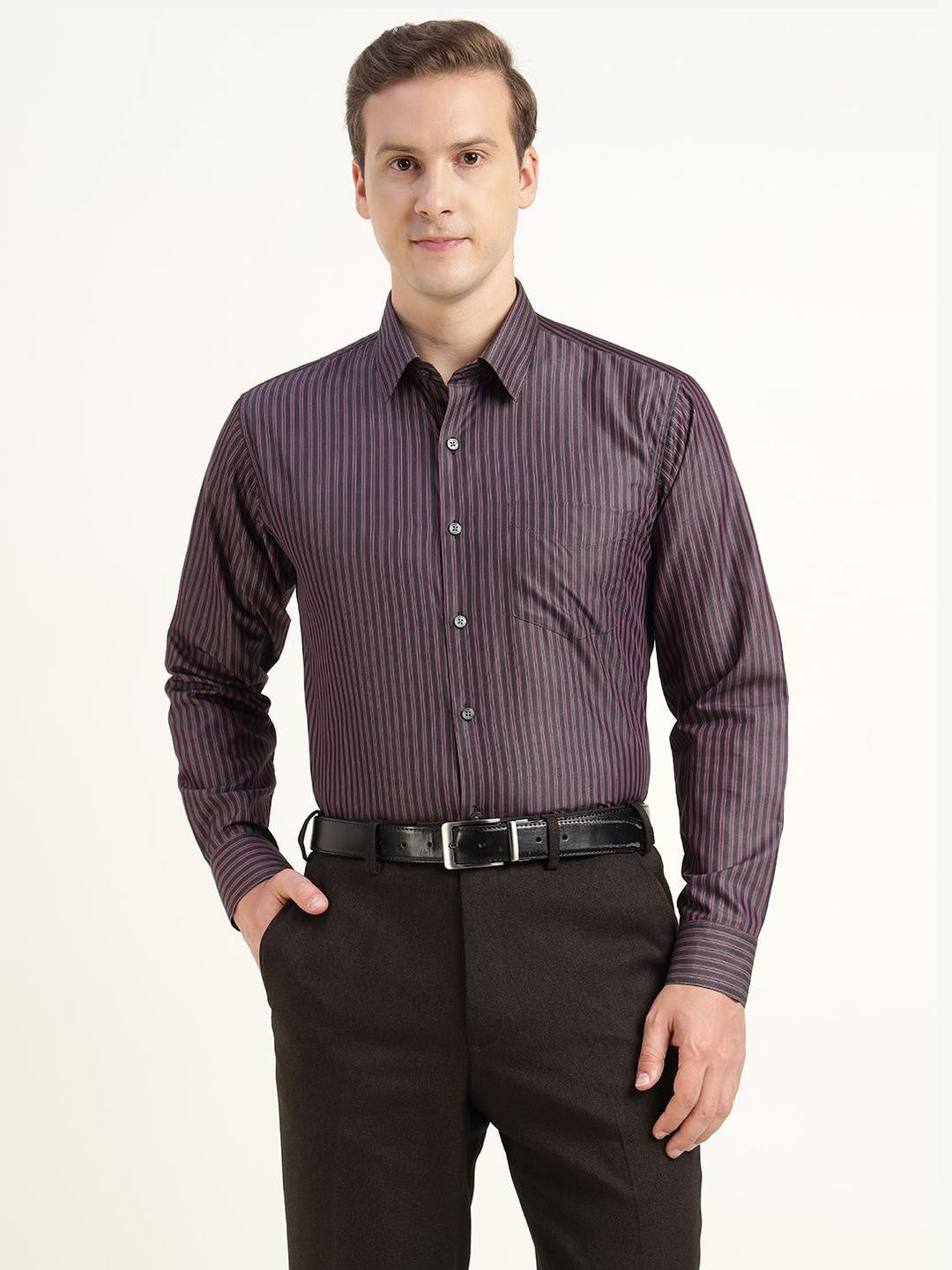 Men Grey & Purple Striped Pure Cotton Slim Fit Formal Shirt