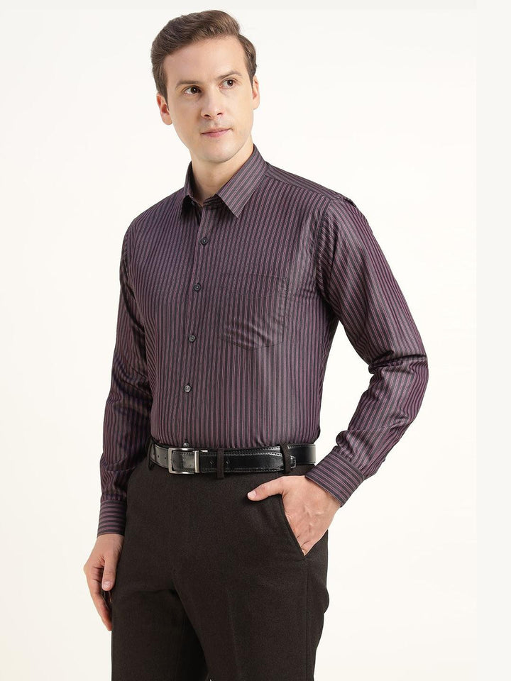 Men Grey & Purple Striped Pure Cotton Slim Fit Formal Shirt