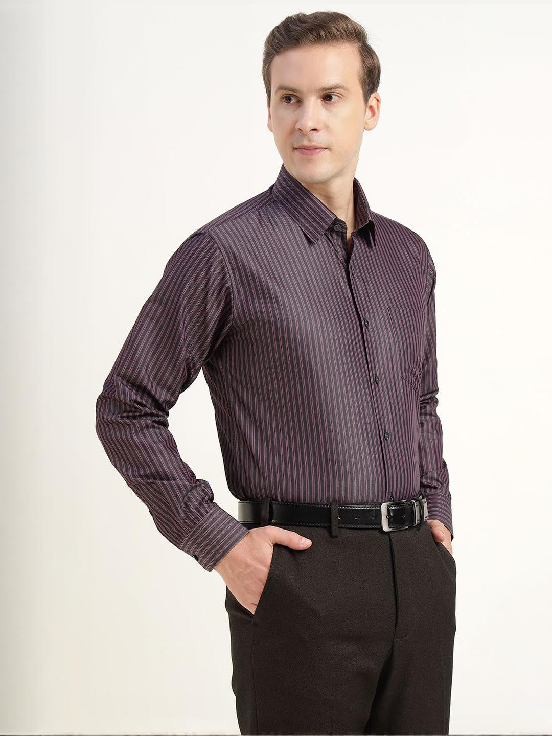 Men Grey & Purple Striped Pure Cotton Slim Fit Formal Shirt