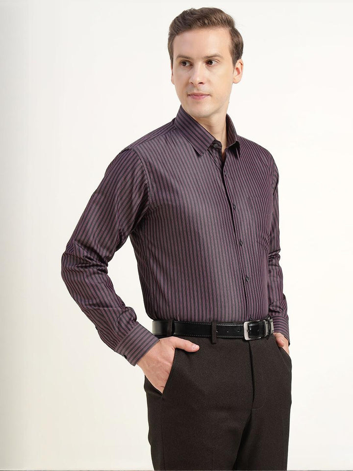 Men Grey & Purple Striped Pure Cotton Slim Fit Formal Shirt