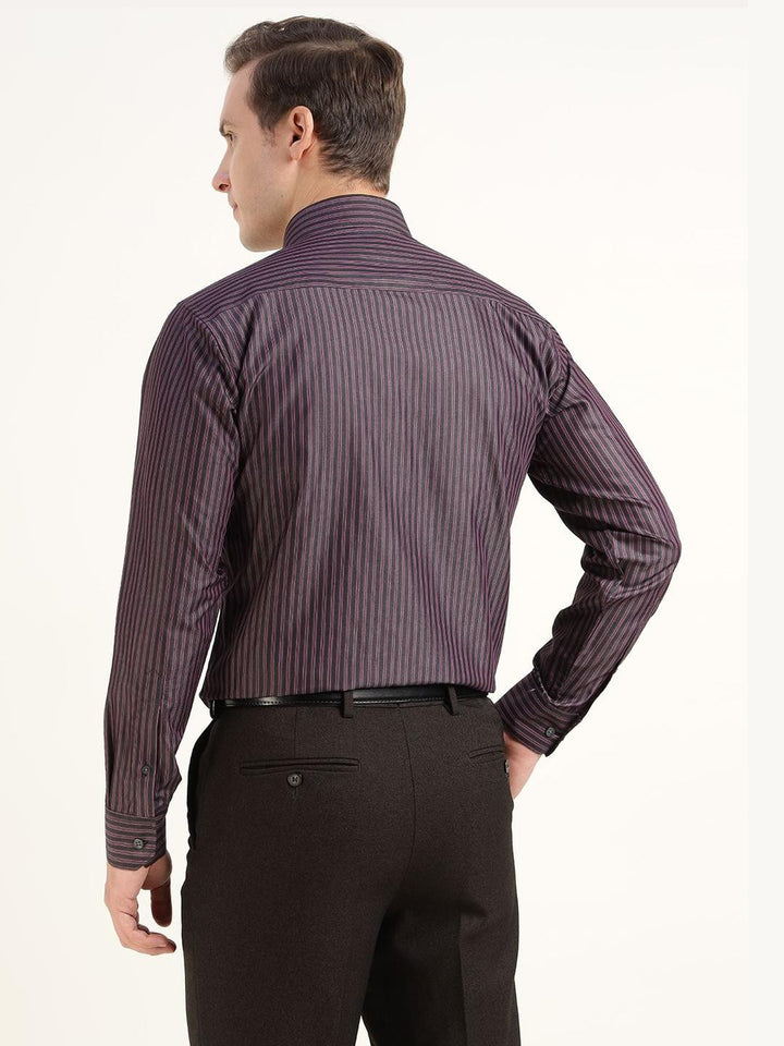 Men Grey & Purple Striped Pure Cotton Slim Fit Formal Shirt