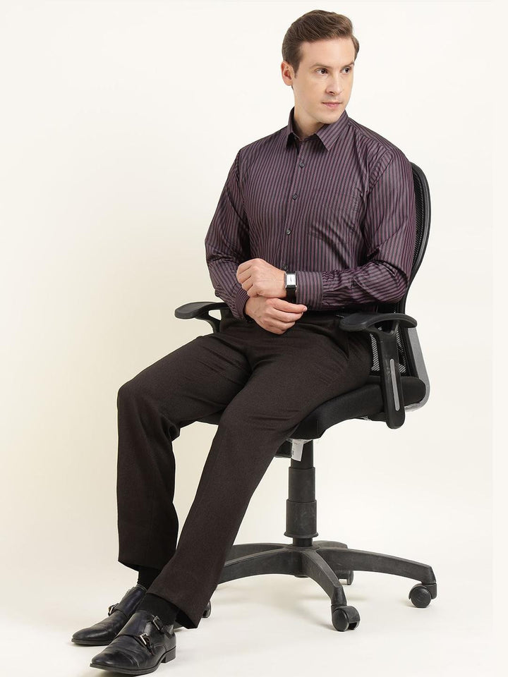 Men Grey & Purple Striped Pure Cotton Slim Fit Formal Shirt