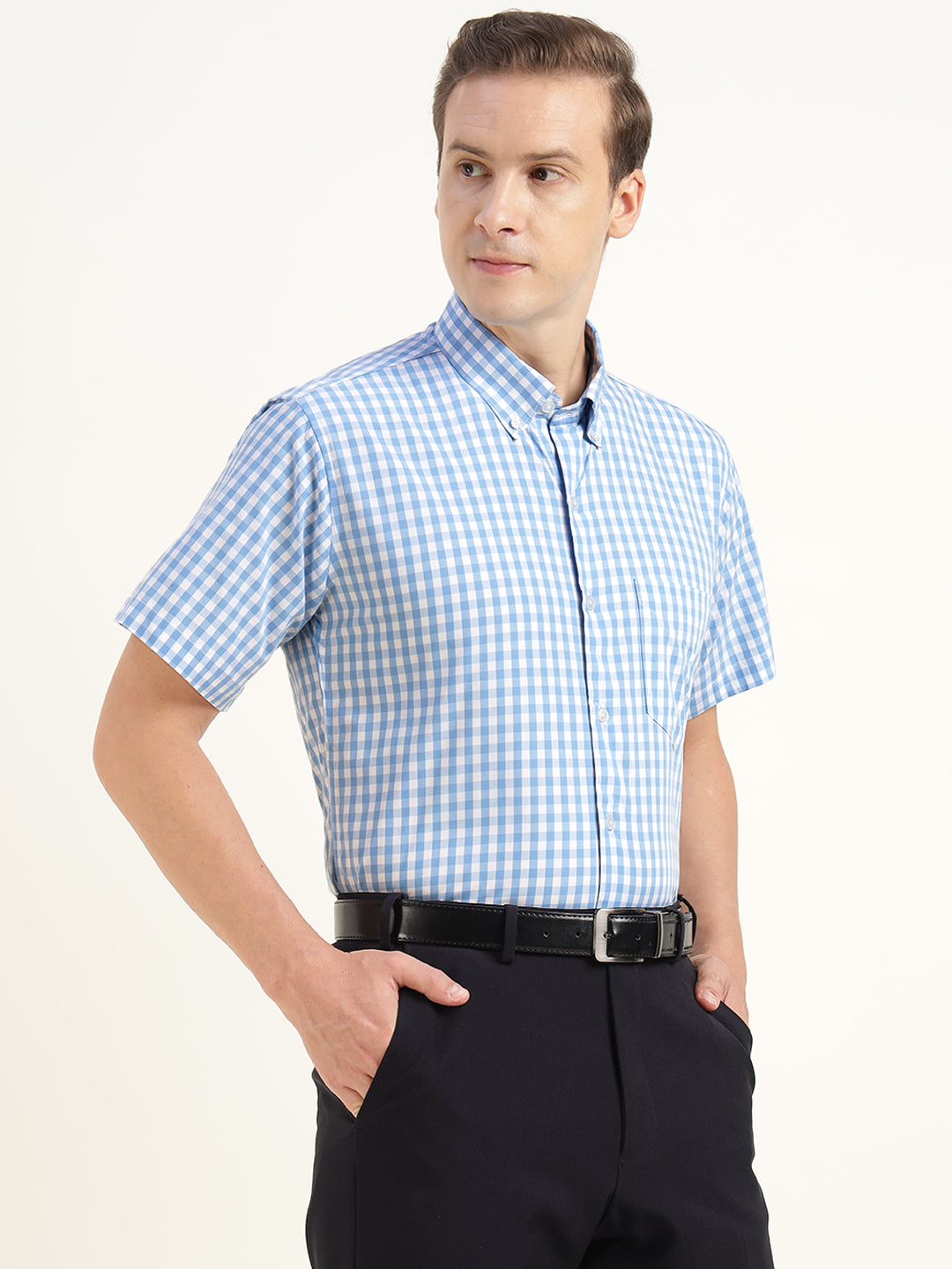Men Blue Checked Pure Cotton Slim Fit Formal Shirt