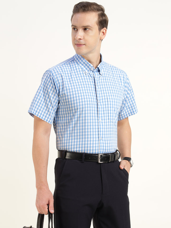 Men Blue Checked Pure Cotton Slim Fit Formal Shirt