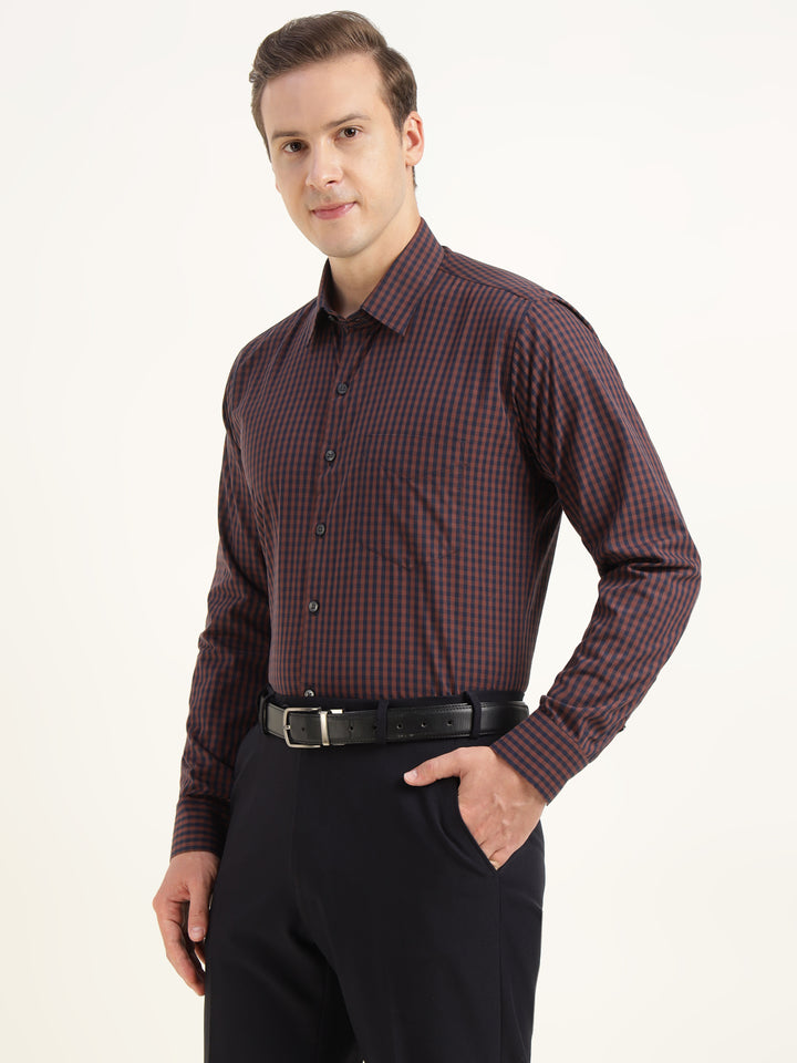 Men Brown Checked Pure Cotton Slim Fit Formal Shirt