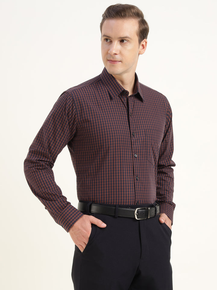 Men Brown Checked Pure Cotton Slim Fit Formal Shirt