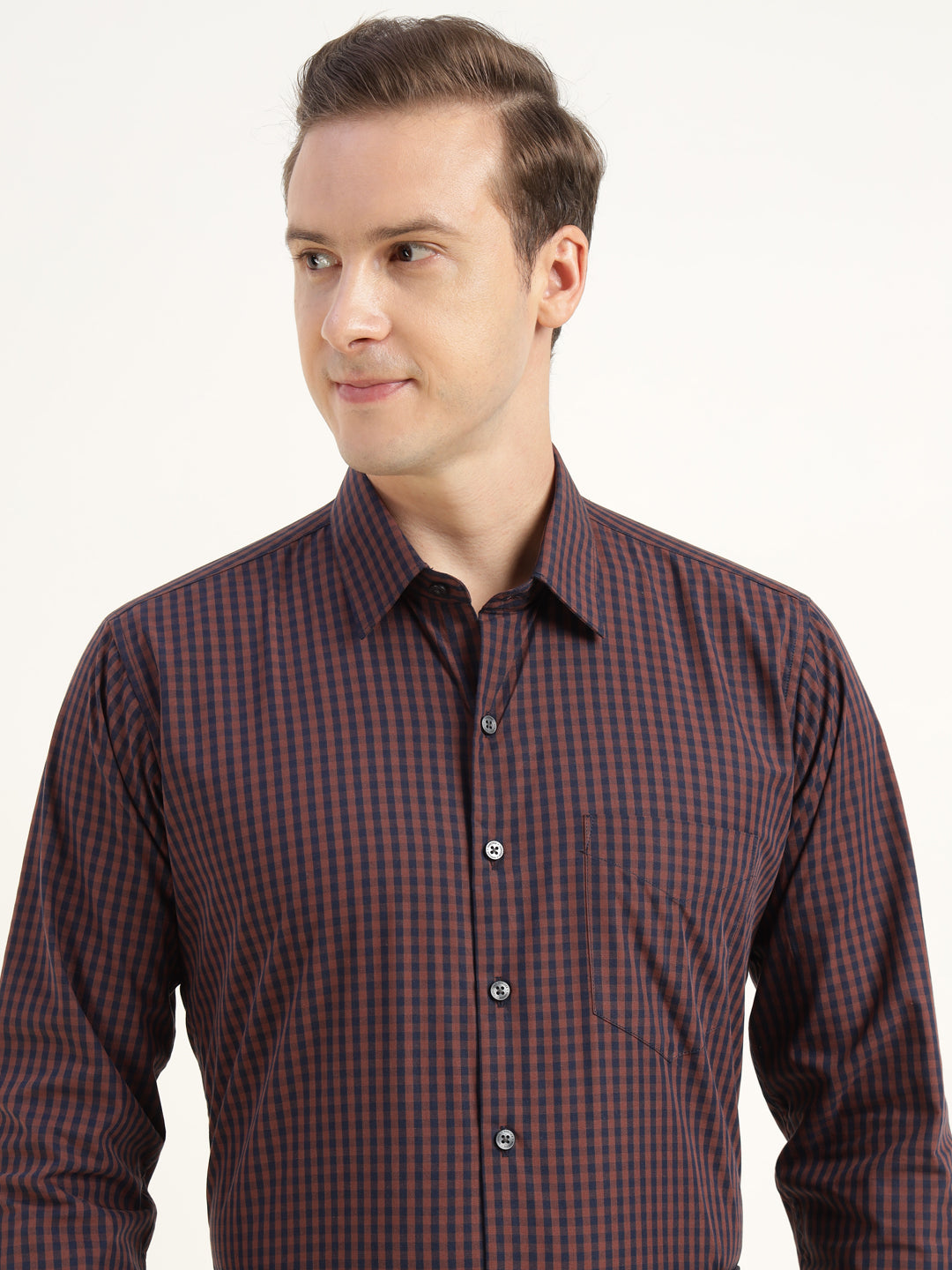 Men Brown Checked Pure Cotton Slim Fit Formal Shirt
