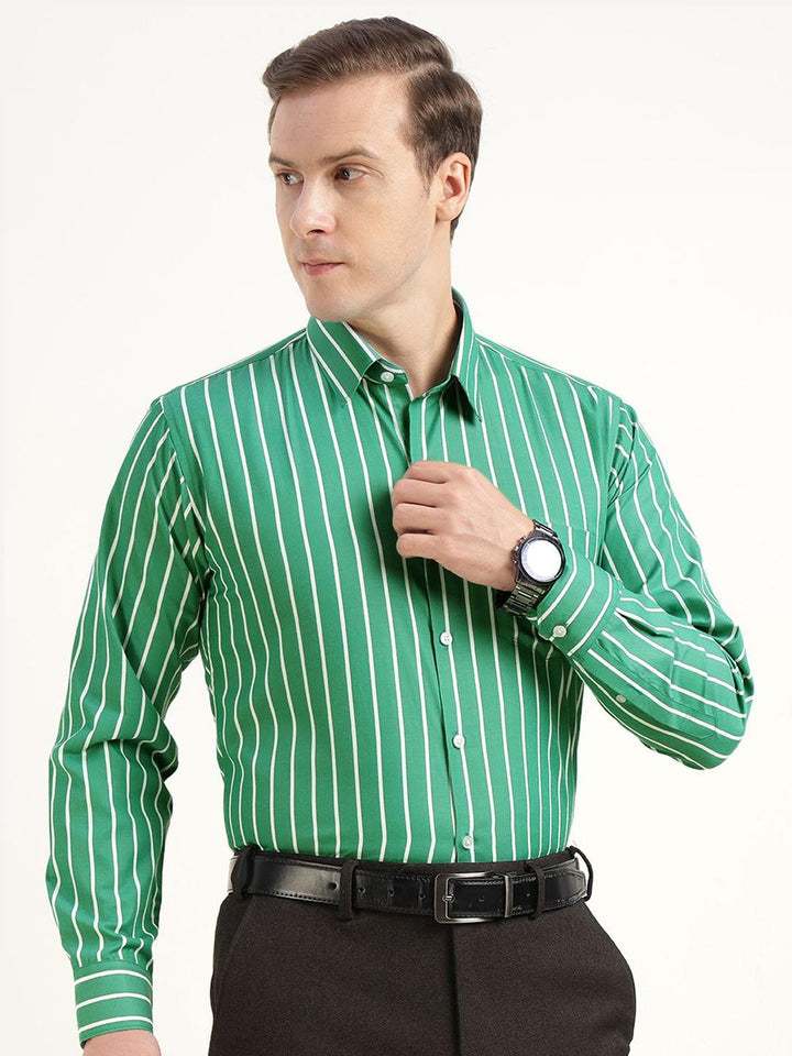 Hancock Men Green & White Striped Cotton Rich Slim Fit Formal Shirt