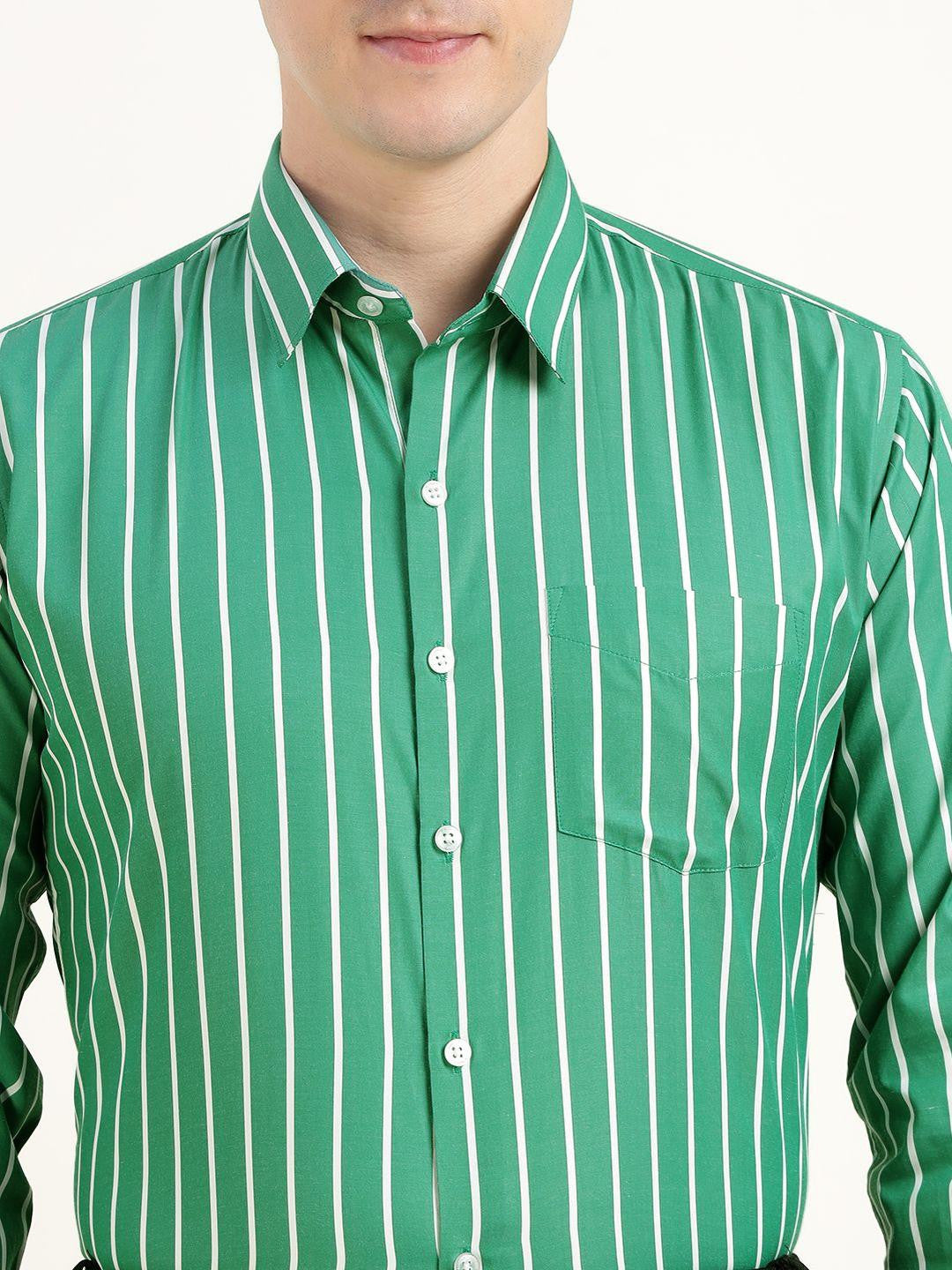 Hancock Men Green & White Striped Cotton Rich Slim Fit Formal Shirt