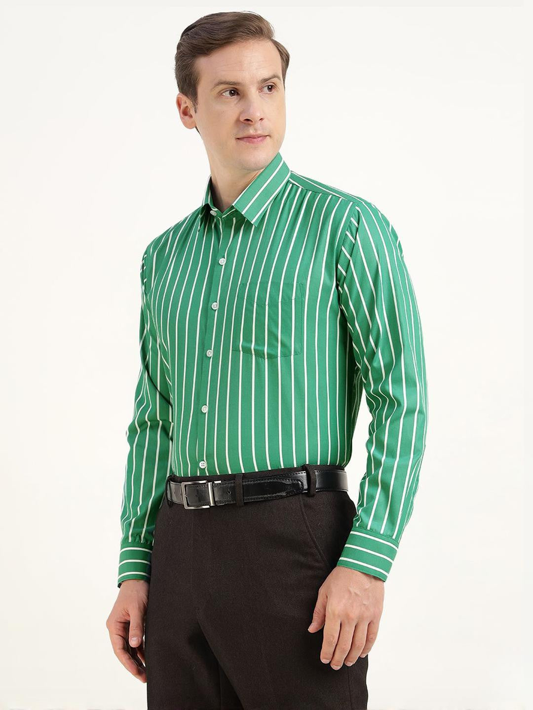Hancock Men Green & White Striped Cotton Rich Slim Fit Formal Shirt