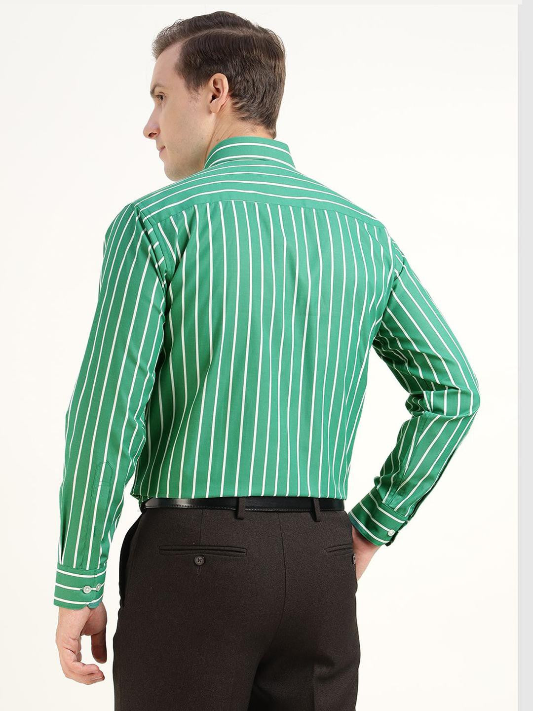 Hancock Men Green & White Striped Cotton Rich Slim Fit Formal Shirt
