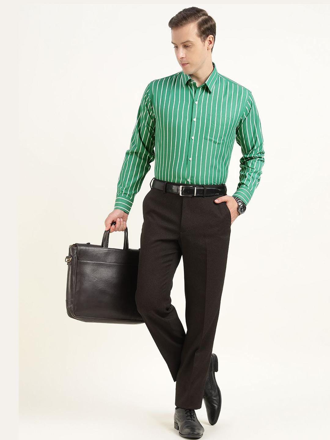 Hancock Men Green & White Striped Cotton Rich Slim Fit Formal Shirt