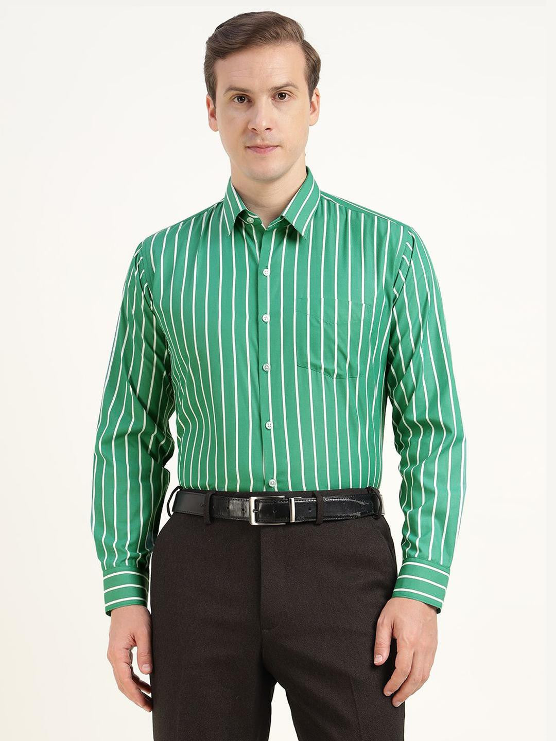 Hancock Men Green & White Striped Cotton Rich Slim Fit Formal Shirt