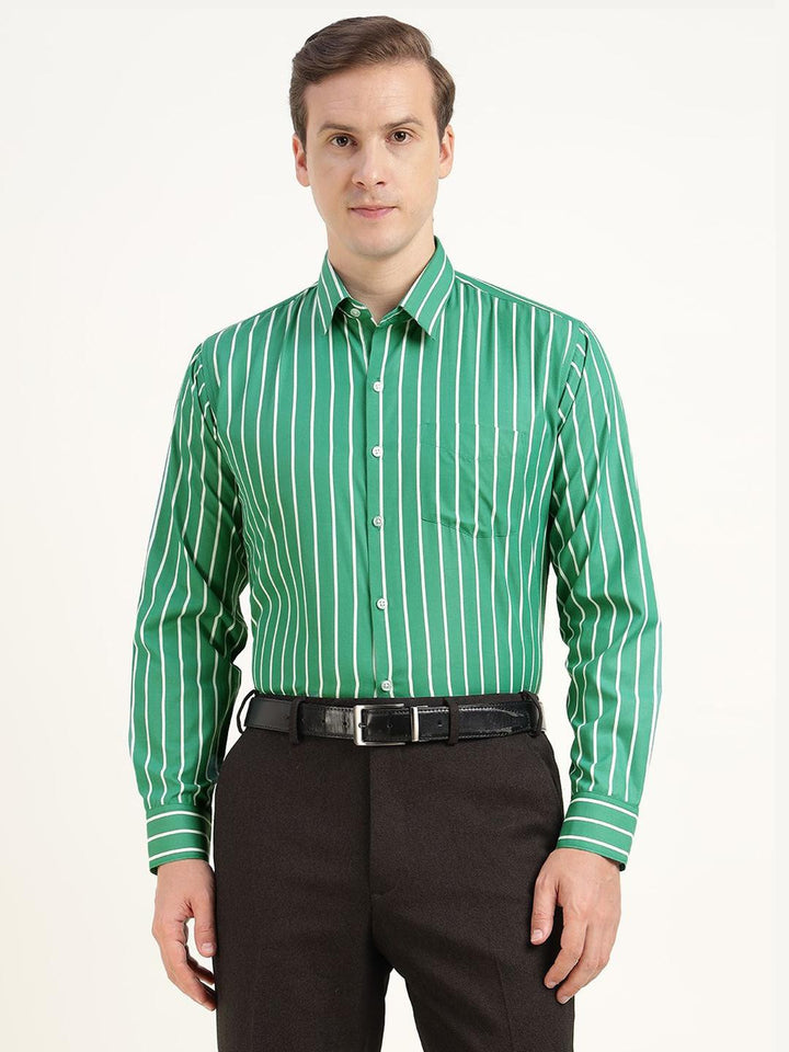 Hancock Men Green & White Striped Cotton Rich Slim Fit Formal Shirt