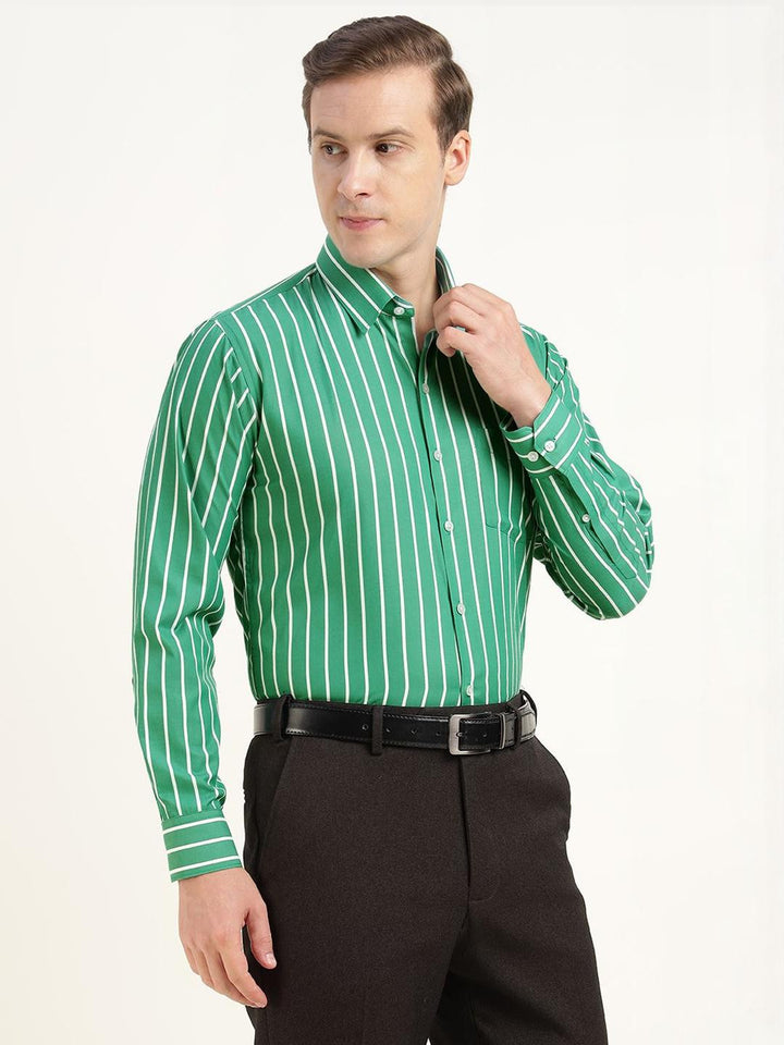 Hancock Men Green & White Striped Cotton Rich Slim Fit Formal Shirt