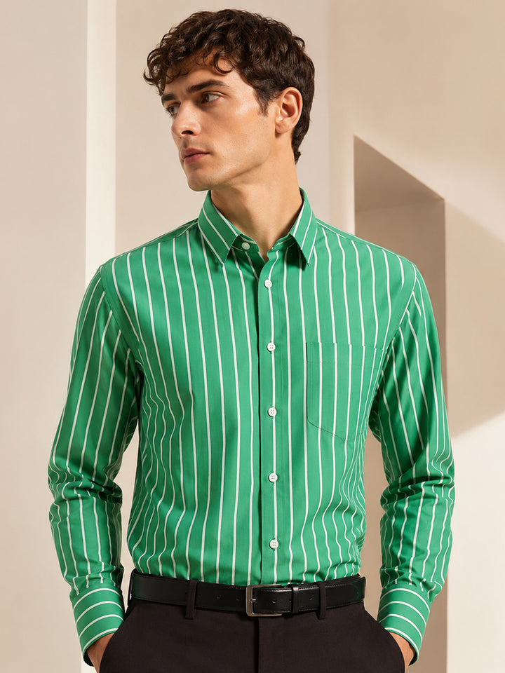 Men Green & White Striped Cotton Rich Slim Fit Formal Shirt