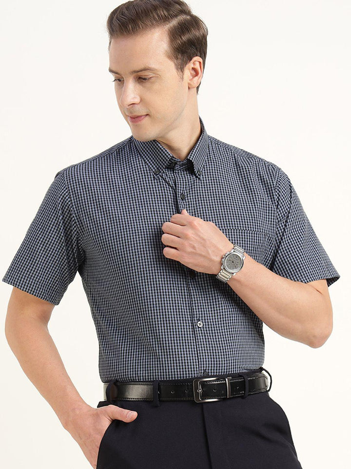 Men Blue & Navy Checked Pure Cotton Slim Fit Formal Shirt